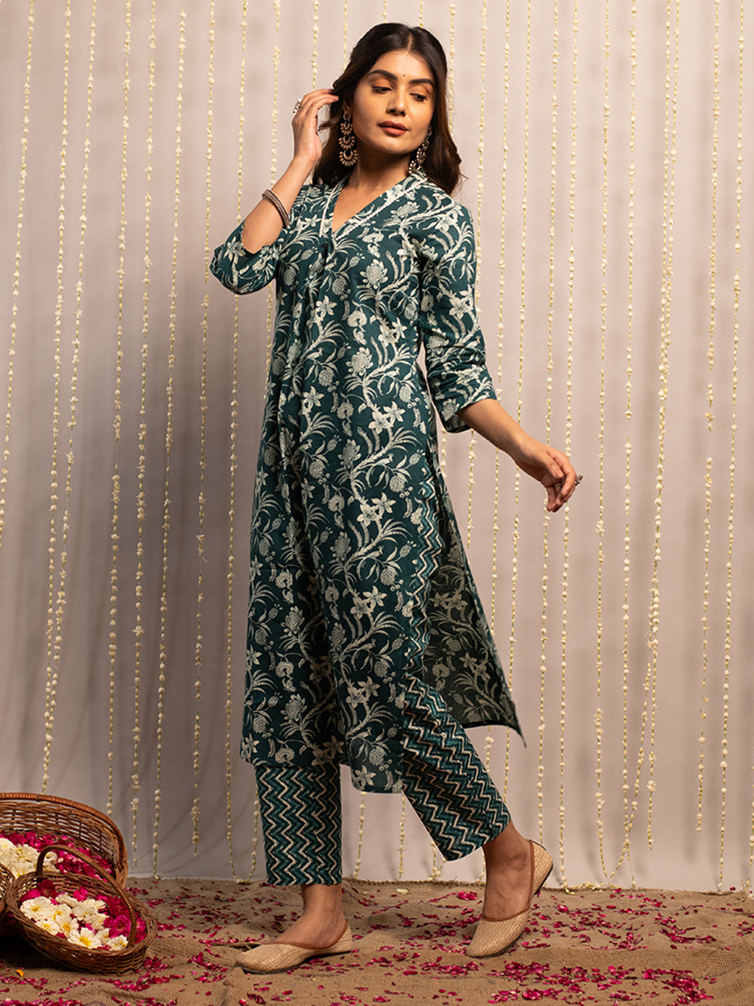 FIORRA Women's Teal Blue Cotton A-Line Kurta with Pant